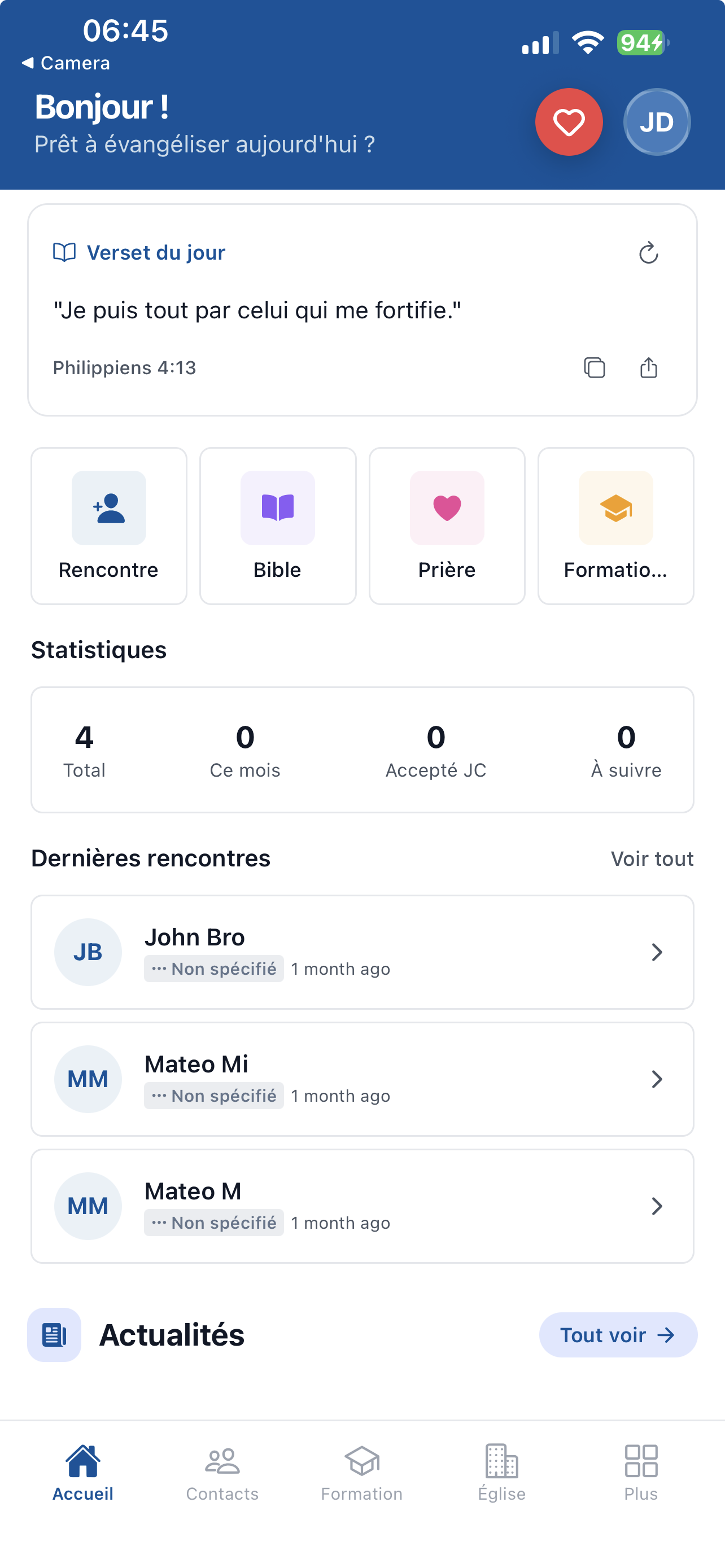 Aperçu de l'application mobile Evanjeo — verset du jour, rencontres et statistiques d'évangélisation